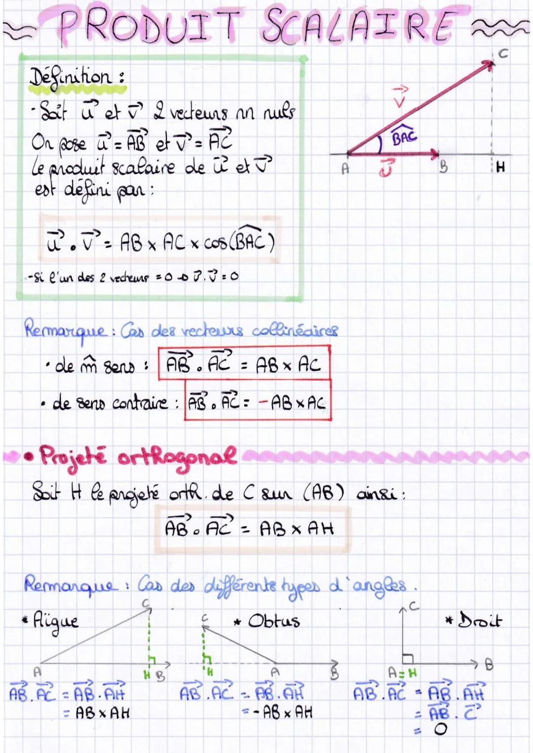~PRODUIT SCALAIRE~
Définition:
-Sat u et 2 vecteurs on nuls
On pose a= AB et = AC
Le produit scalaire de l' et '
est défini par:
².² = ABX A