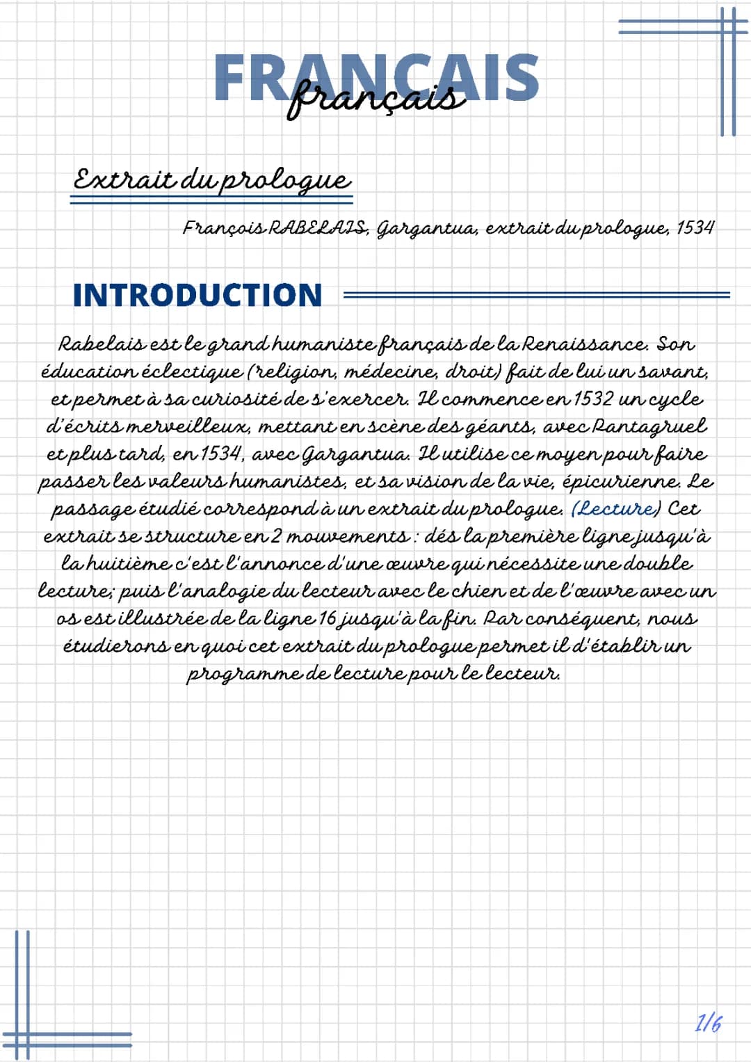 Analyse linéaire du Prologue de Gargantua - PDF et Fiche Bac