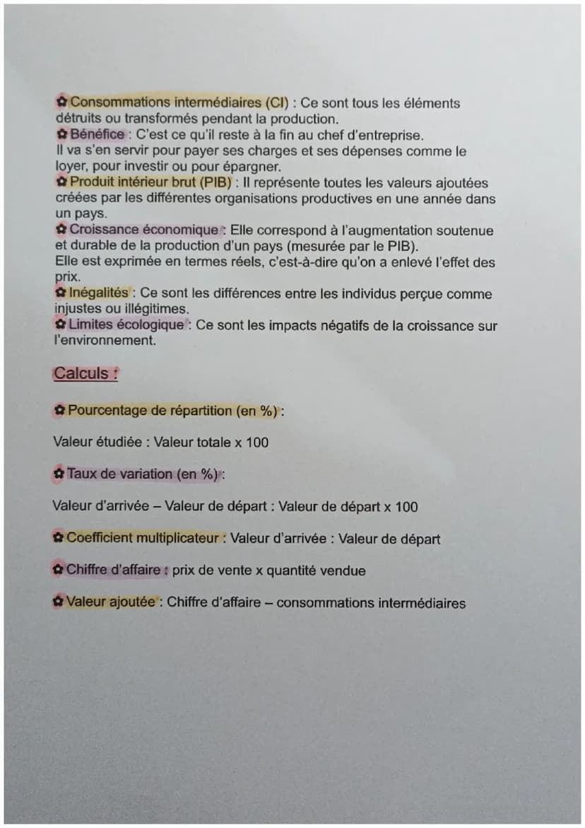 Fiche de révisions chapitre 1
Définitions!
✿ Production : C'est une création de biens ou de services qui répond à
des besoins et qui nécessi