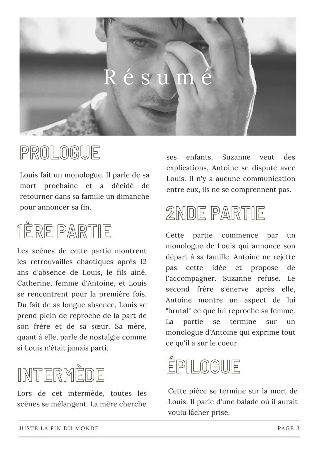 MARS 2023
TRAVAIL DE LECTURE
Juste la fin du monde
Une pièce de théâtre de Jean-Luc Lagarce écrit en 1990
FAIT PAR
AVEC L'AIDE DE
Canva Somm