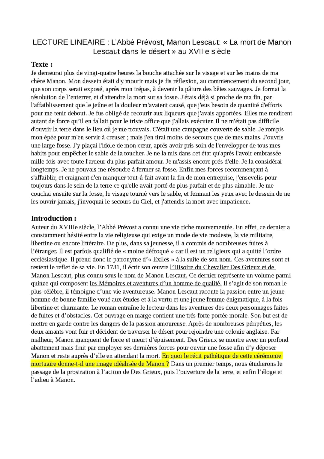Lenterrement de Manon Lescaut Analyse Linéaire et Comment meurt le Frère de Manon Lescaut