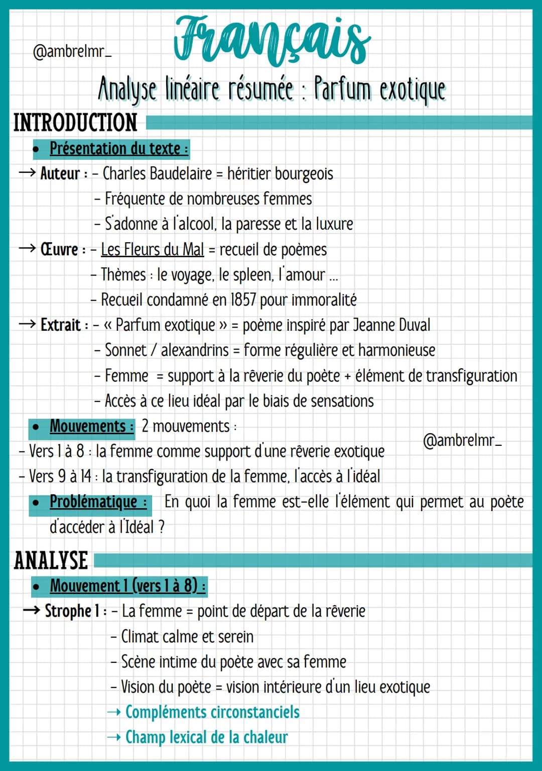 Français
Analyse linéaire résumée : Parfum exotique
@ambrelmr_
INTRODUCTION
Présentation du texte :
→ Auteur : - Charles Baudelaire = hériti