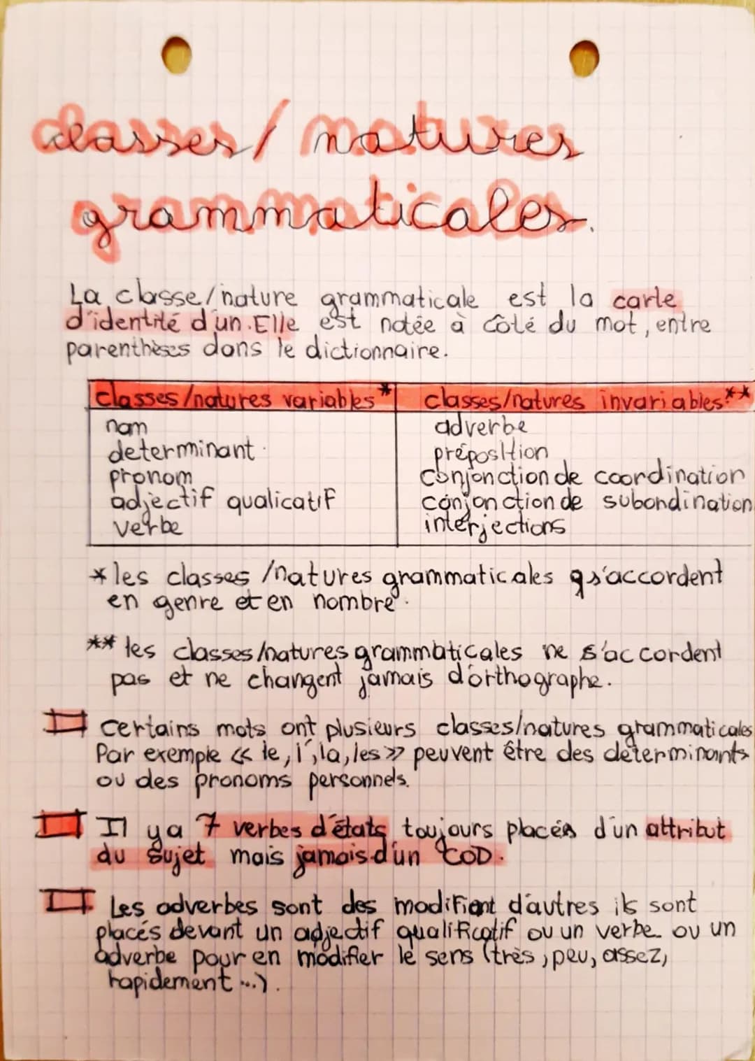 
<p>La classe/nature grammaticale est la carte d'identité d'un mot. Elle est notée à côté du mot, entre parenthèses dans le dictionnaire.</p