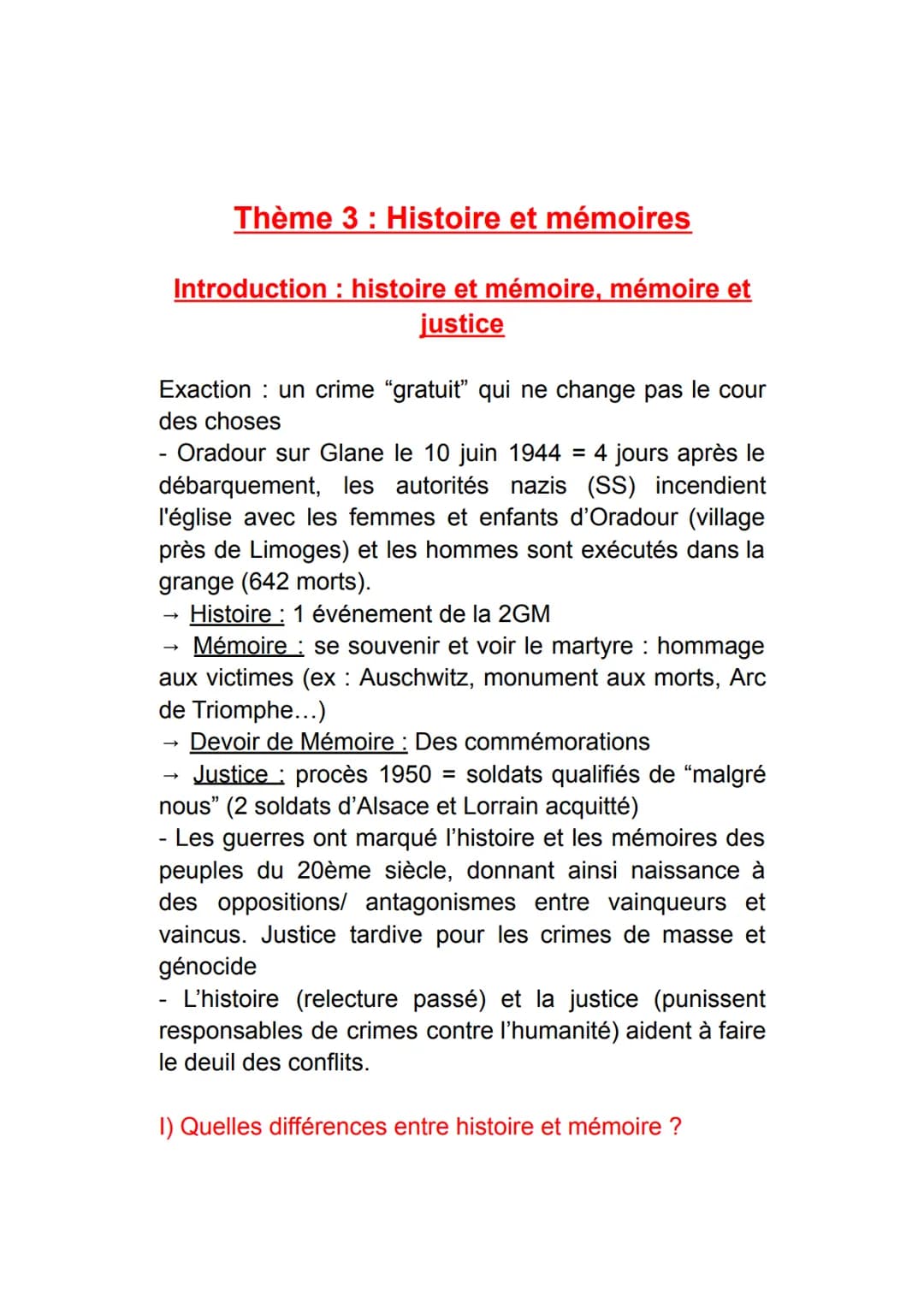 Thème 3 : Histoire et mémoires
Introduction : histoire et mémoire, mémoire et
justice
Exaction: un crime “gratuit" qui ne change pas le cour