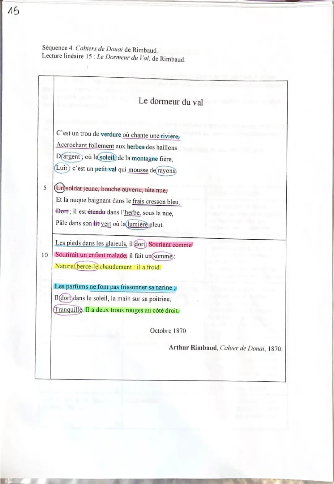 15
Séquence 4. Cahiers de Douai de Rimbaud.
Lecture linéaire 15: Le Dormeur du Val, de Rimbaud.
Le dormeur du val
5
C'est un trou de verdure