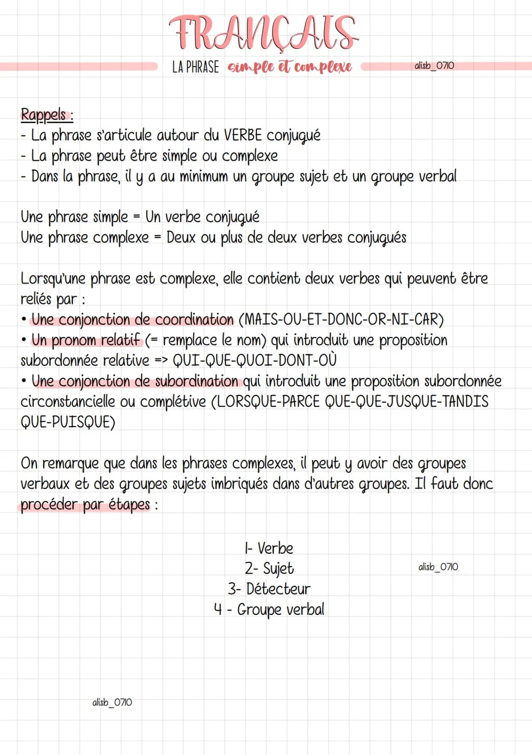 FRANÇAIS
LA PHRASE simple et complexe
Rappels:
- La phrase s'articule autour du VERBE conjugué
-
- La phrase peut être simple ou complexe
- 