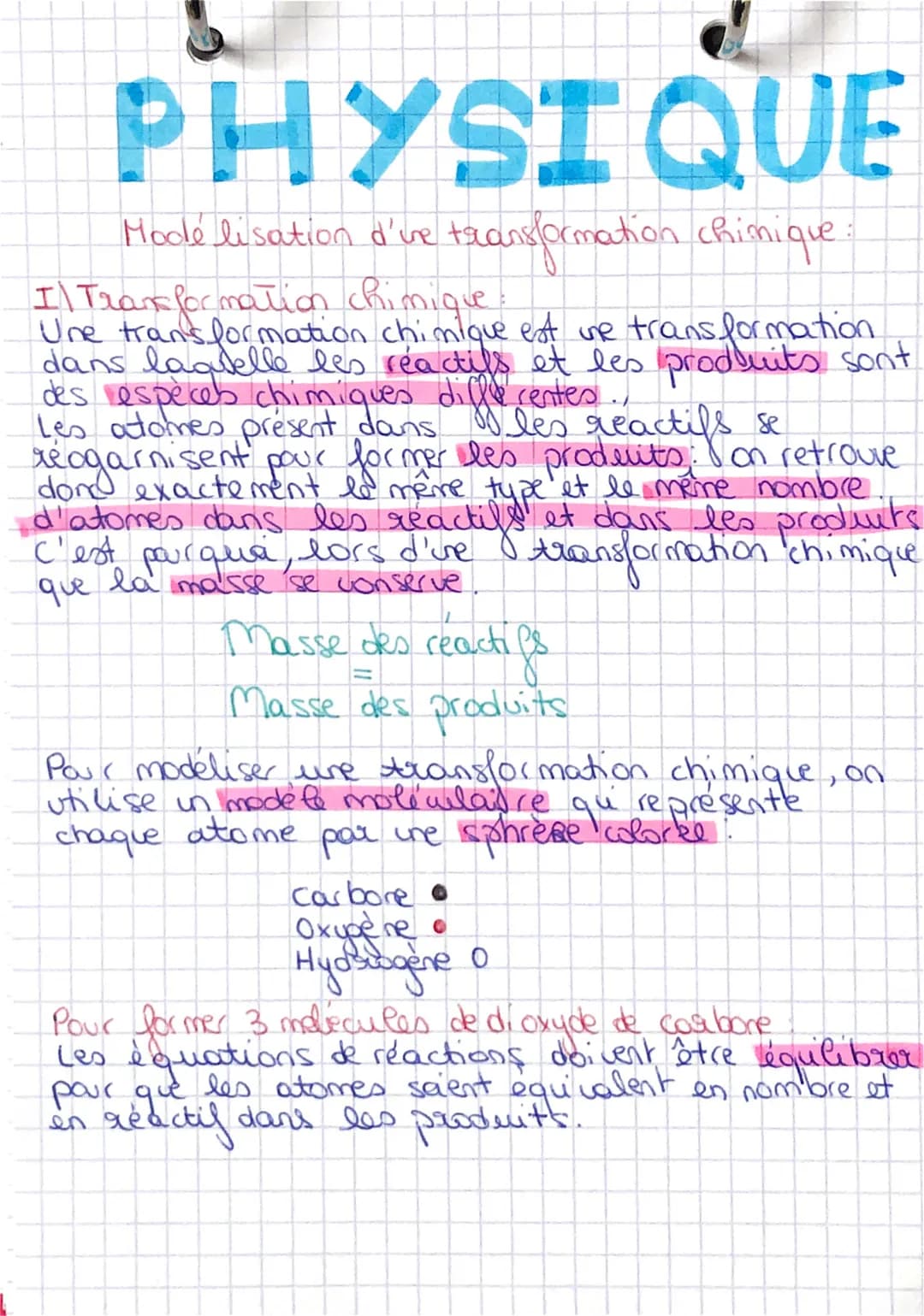 
<p>Une transformation chimique est une transformation des espèces différentes, au cours de laquelle les atomes présents dans les réactifs s