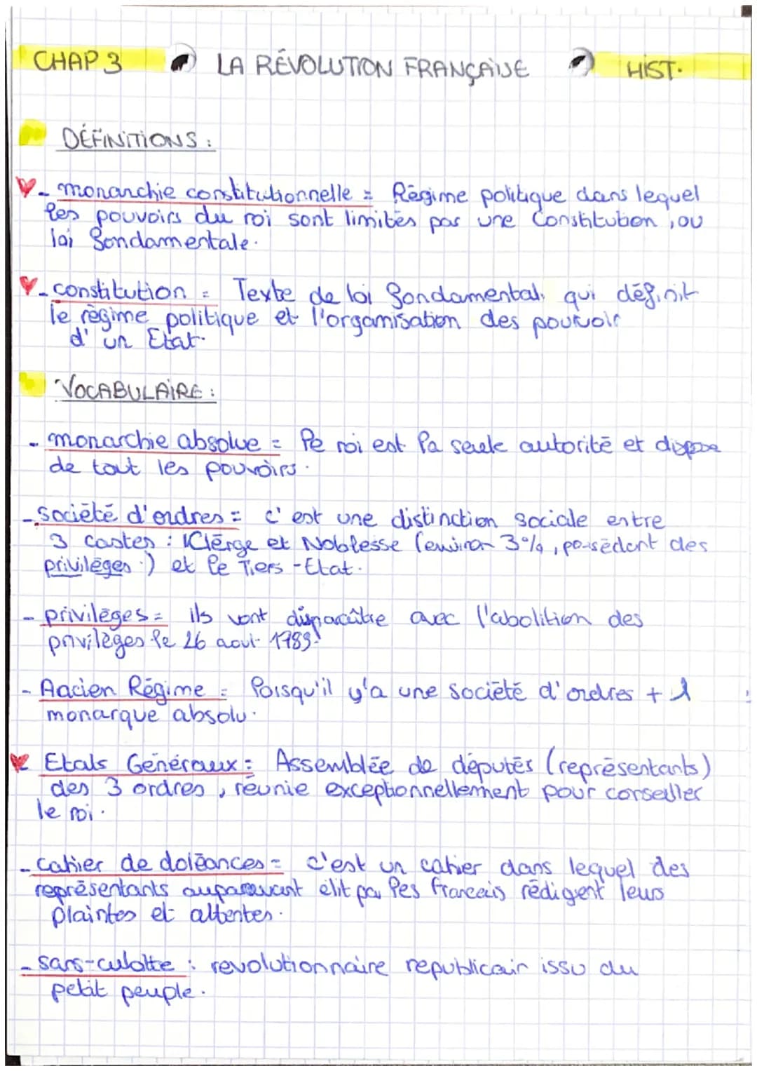 CHAP 3
LA REVOLUTION FRANÇAISE HIST.
DEFINITIONS:
V. monarchie constitutionnelle = Régime politique dans lequel
les pouvoirs du roi sont lim