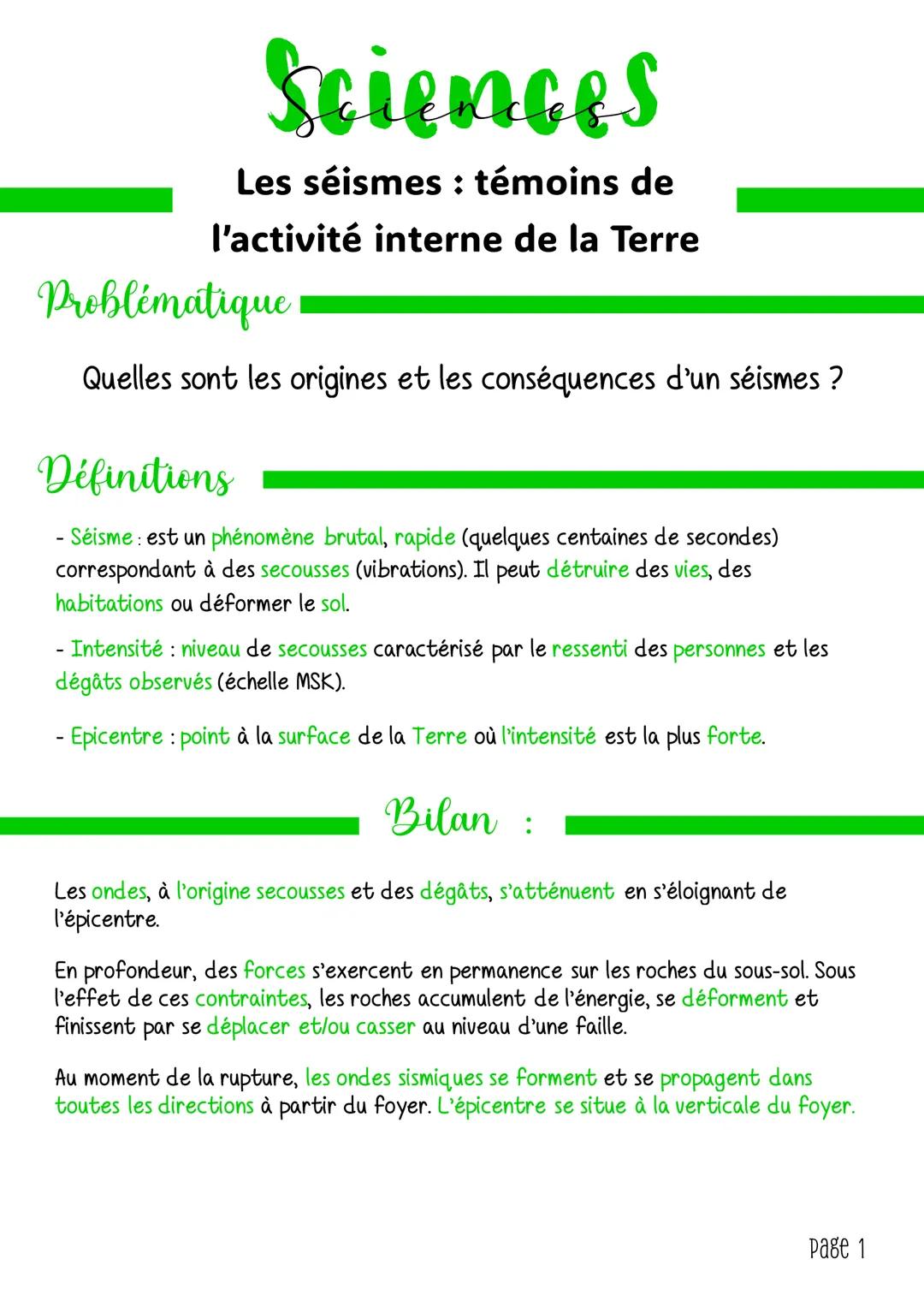 Sciences
Les séismes : témoins de
l'activité interne de la Terre
Problématique
Quelles sont les origines et les conséquences d'un séismes ?
