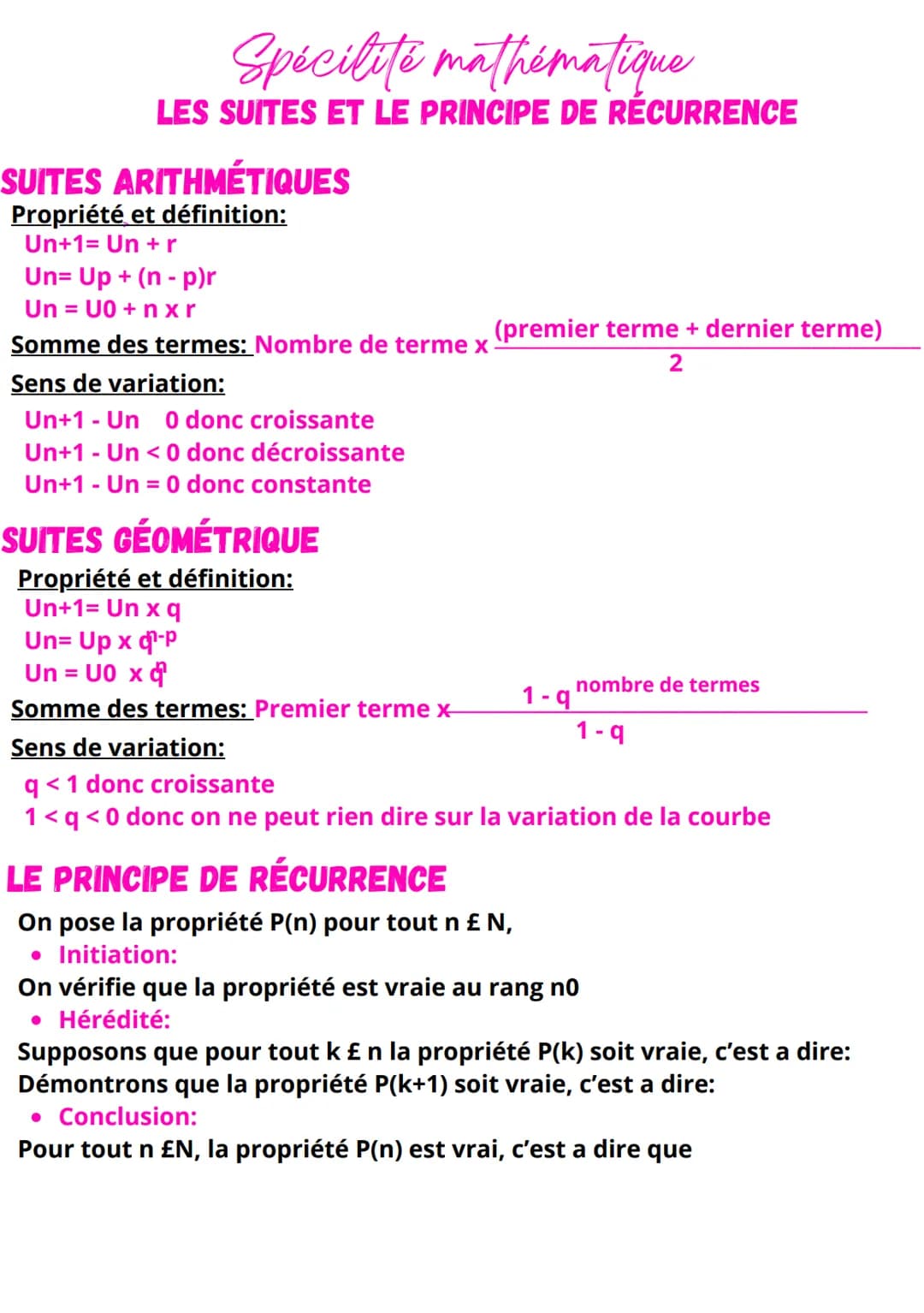 Spécilité mathématique
LES SUITES ET LE PRINCIPE DE RECURRENCE
SUITES ARITHMÉTIQUES
Propriété et définition:
Un+1= Un + r
Un Up + (n-p)r
Un
