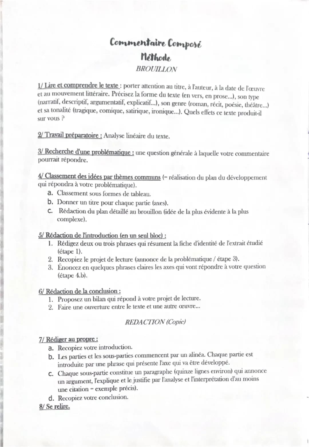 Commentaire Composé
Méthode
BROUILLON
1/ Lire et comprendre le texte: porter attention au titre, à l'auteur, à la date de l'œuvre
et au mouv