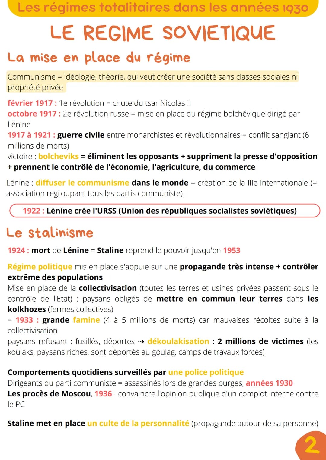 Les régimes totalitaires dans les années 1930
LE REGIME SOVIETIQUE
La mise en place du régime
Communisme = idéologie, théorie, qui veut crée