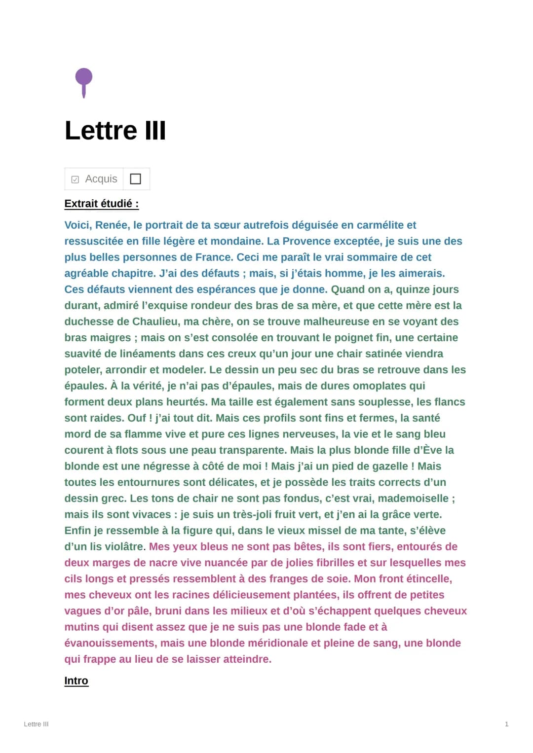 Explication linéaire mémoires de deux jeunes mariées lettre 3