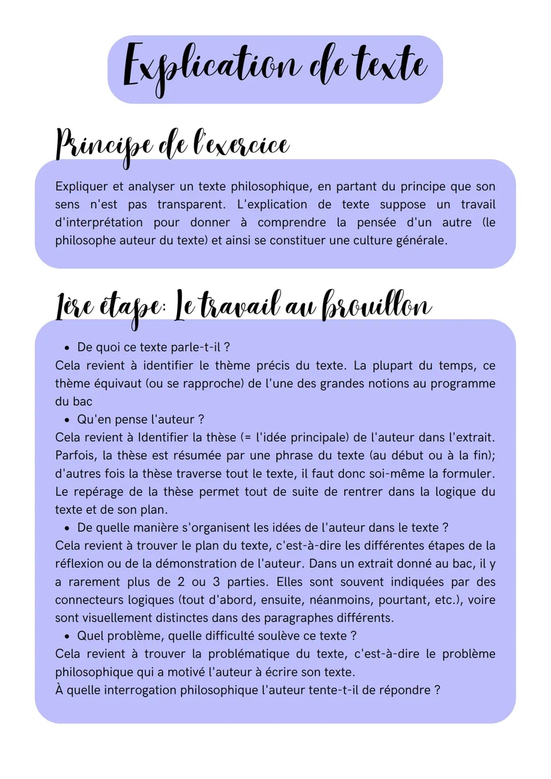 Explication de texte
Principe de l'exercice
Expliquer et analyser un texte philosophique, en partant du principe que son
sens n'est pas tran