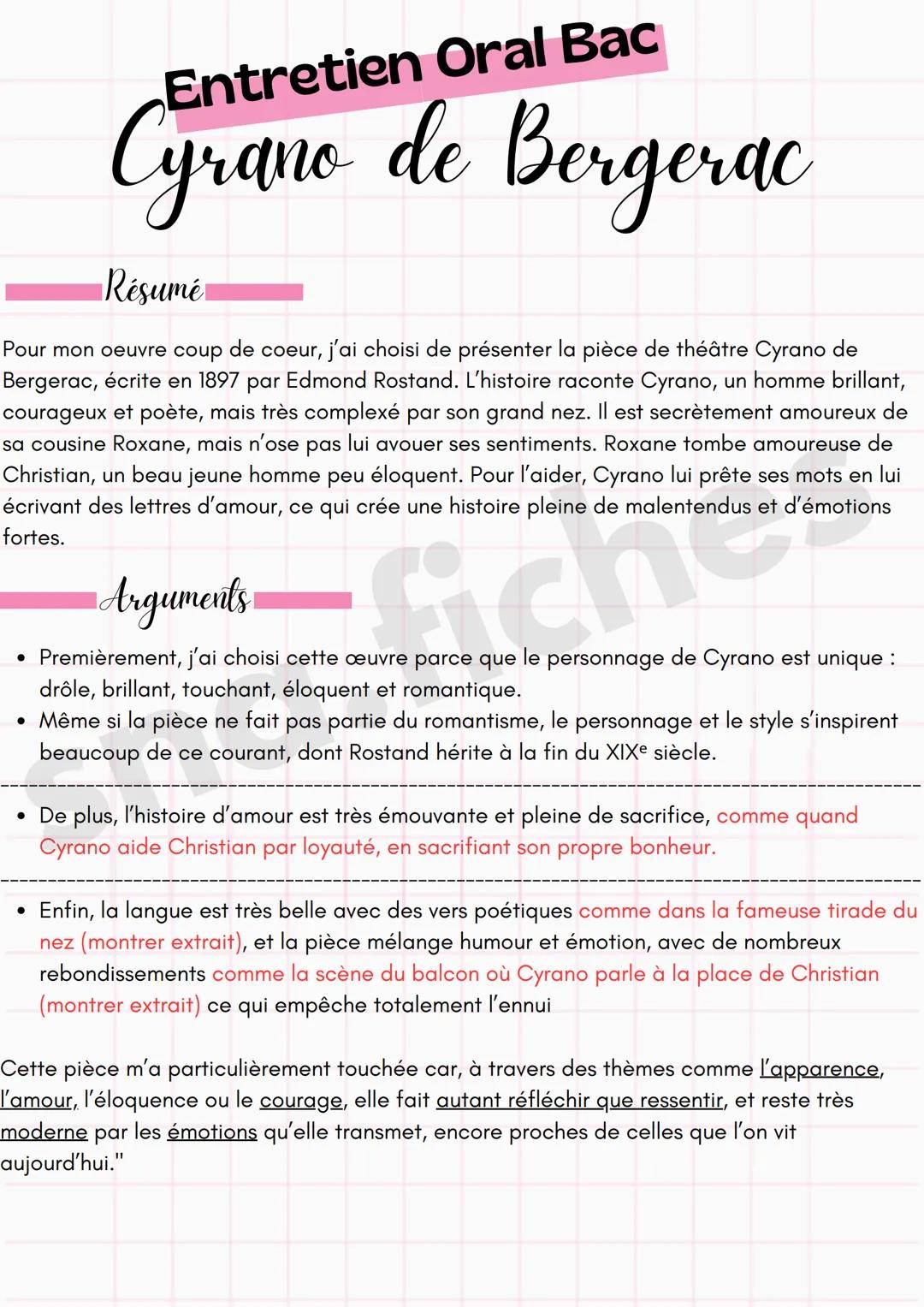 Entretien Oral Bac
Cyrano de Bergerac
Résumé
Pour mon oeuvre coup de coeur, j'ai choisi de présenter la pièce de théâtre Cyrano de
Bergerac,