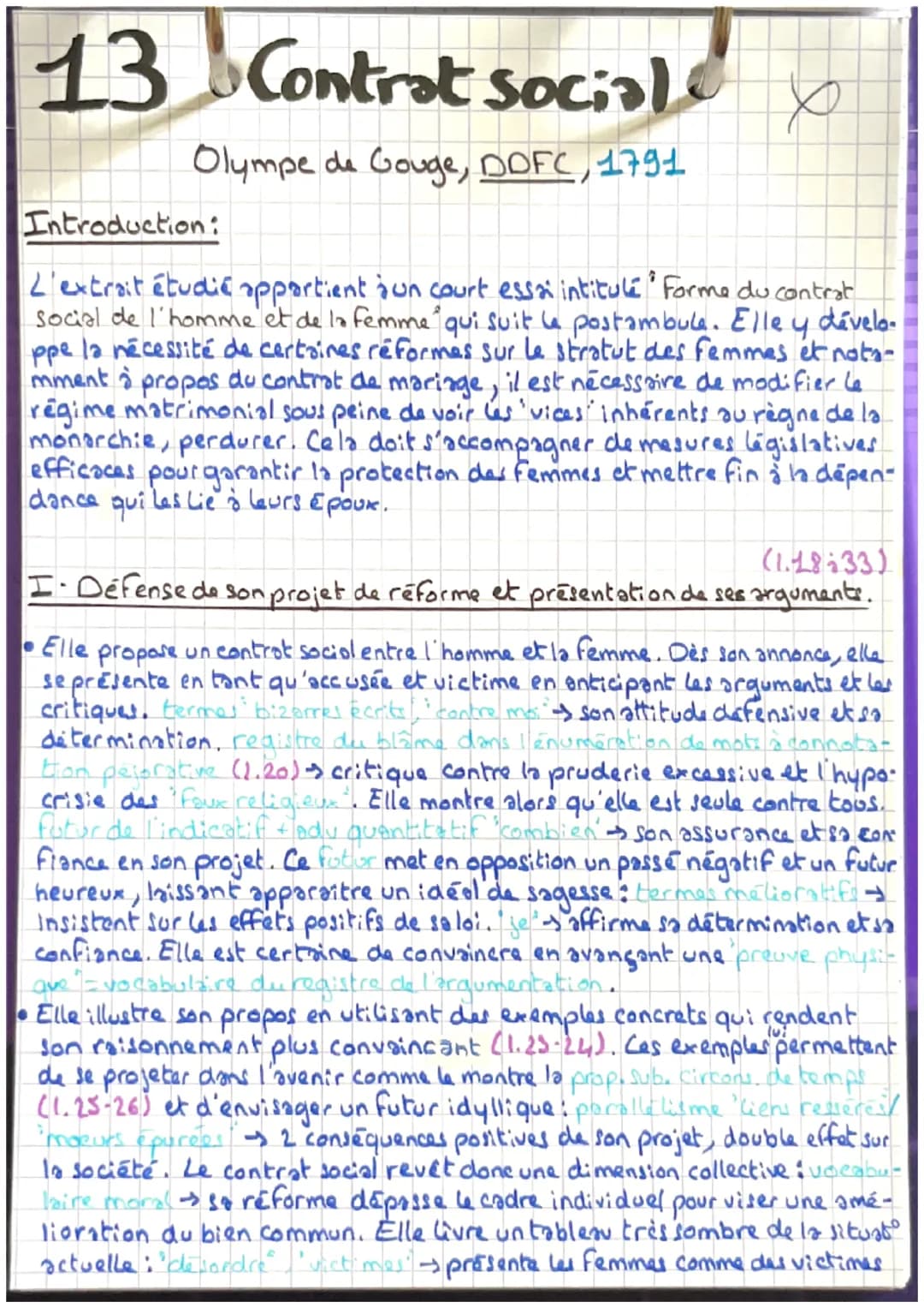 13
Contrat social
Olympe de Gouge, DDFC, 1791
Introduction:
X
L'extrait étudié appartient à un court essai intitulé Forme du contrat
social 