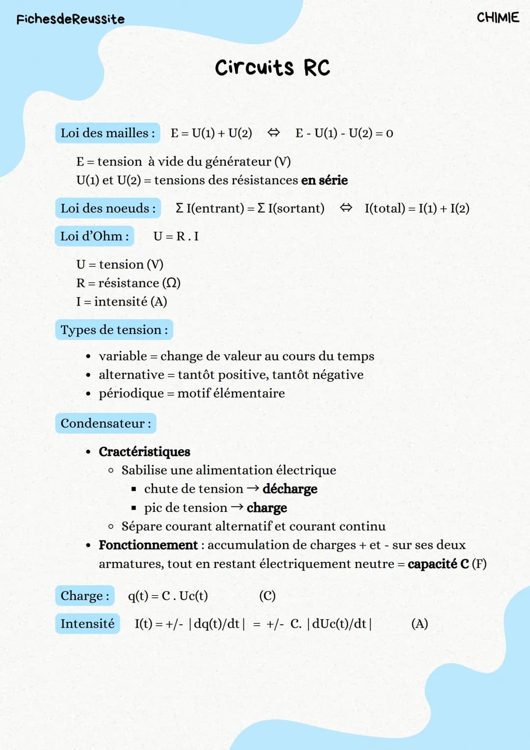 Fiches de Reussite
Circuits RC
Loi des mailles : E = = U(1) + U(2)
>>>
EU(1) U(2) = 0
E = tension à vide du générateur (V)
U(1) et U(2) tens