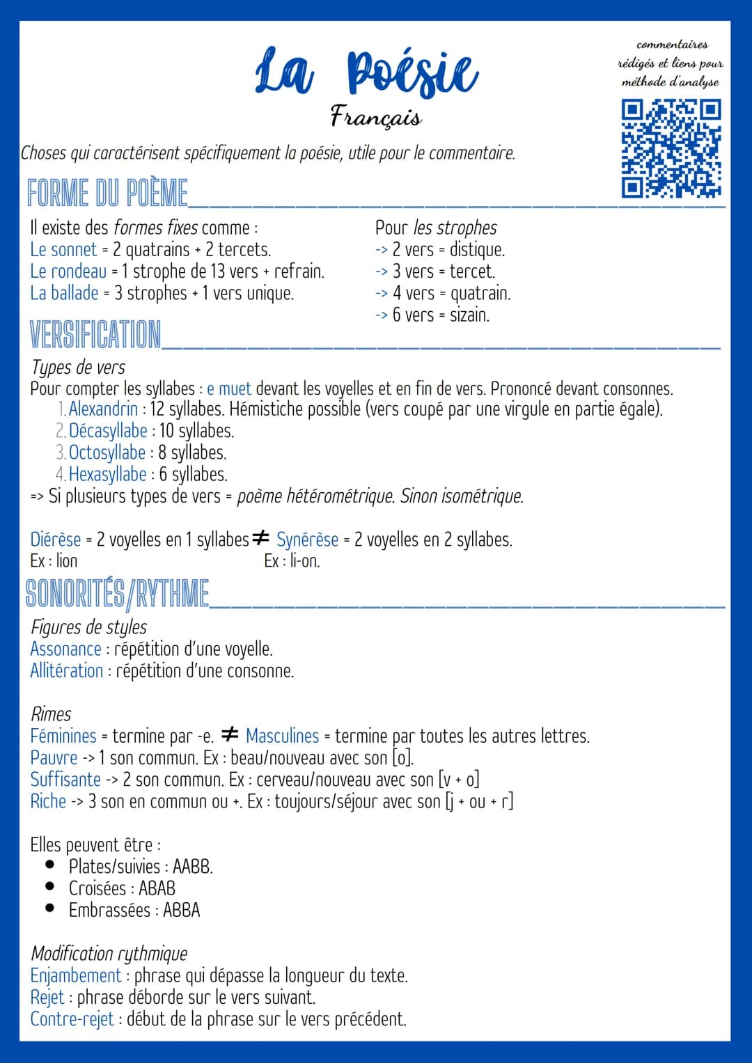 commentaires
La poésie
Français
Choses qui caractérisent spécifiquement la poésie, utile pour le commentaire.
FORME DU POÈME
Il existe des f