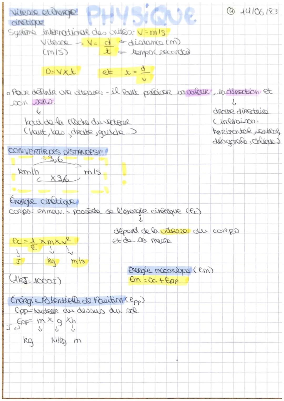 # Vitesse ou énergie
# cinétique
Systeme international des unités: v=m/s
Vitesse $\rightarrow$ V= $\frac{d}{t}$ $\leftarrow$ distance (m)
(m