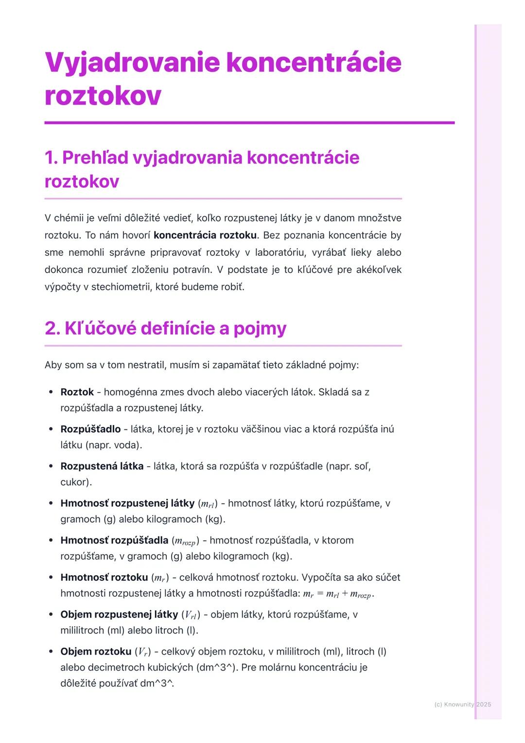 # Vyjadrovanie koncentrácie
roztokov

1. Prehľad vyjadrovania koncentrácie
roztokov

V chémii je veľmi dôležité vedieť, koľko rozpustenej lá