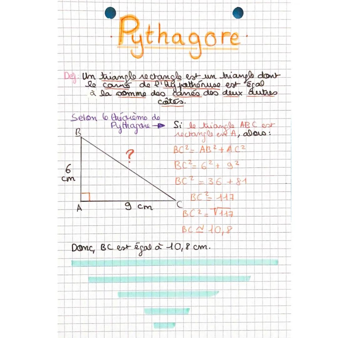 Pythagore
Def: Un triangle rectangle est un triangle don't
le carns de l'hy pathénuse est égal
à la somme des camés des deux autres
côtés.
S