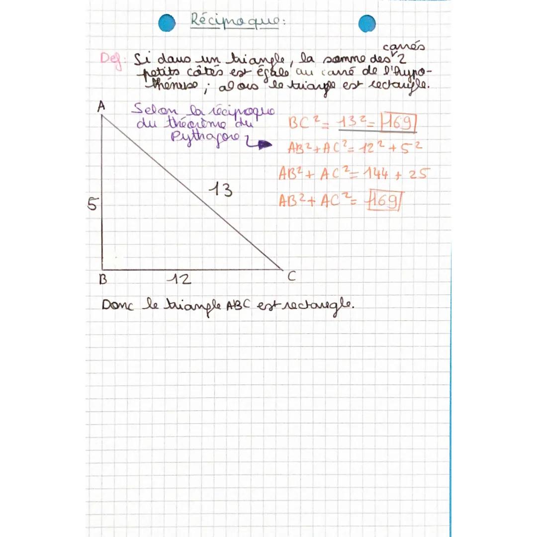 Pythagore
Def: Un triangle rectangle est un triangle don't
le carns de l'hy pathénuse est égal
à la somme des camés des deux autres
côtés.
S