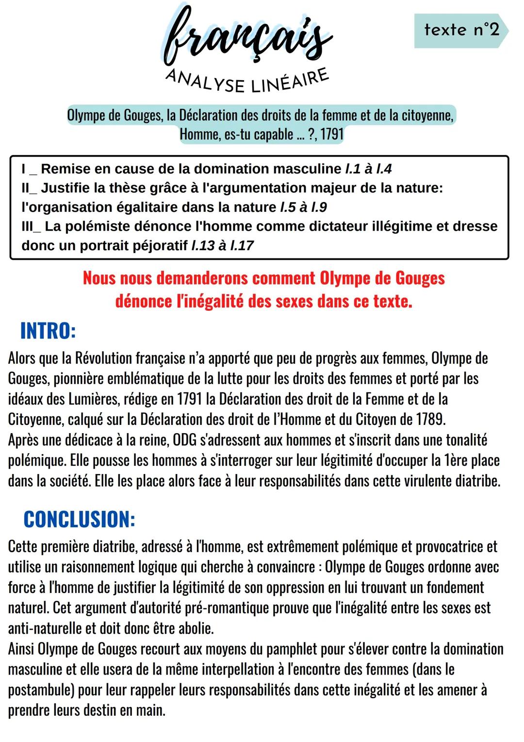 Analyse Linéaire de la Déclaration des Droits de la Femme d'Olympe de Gouges