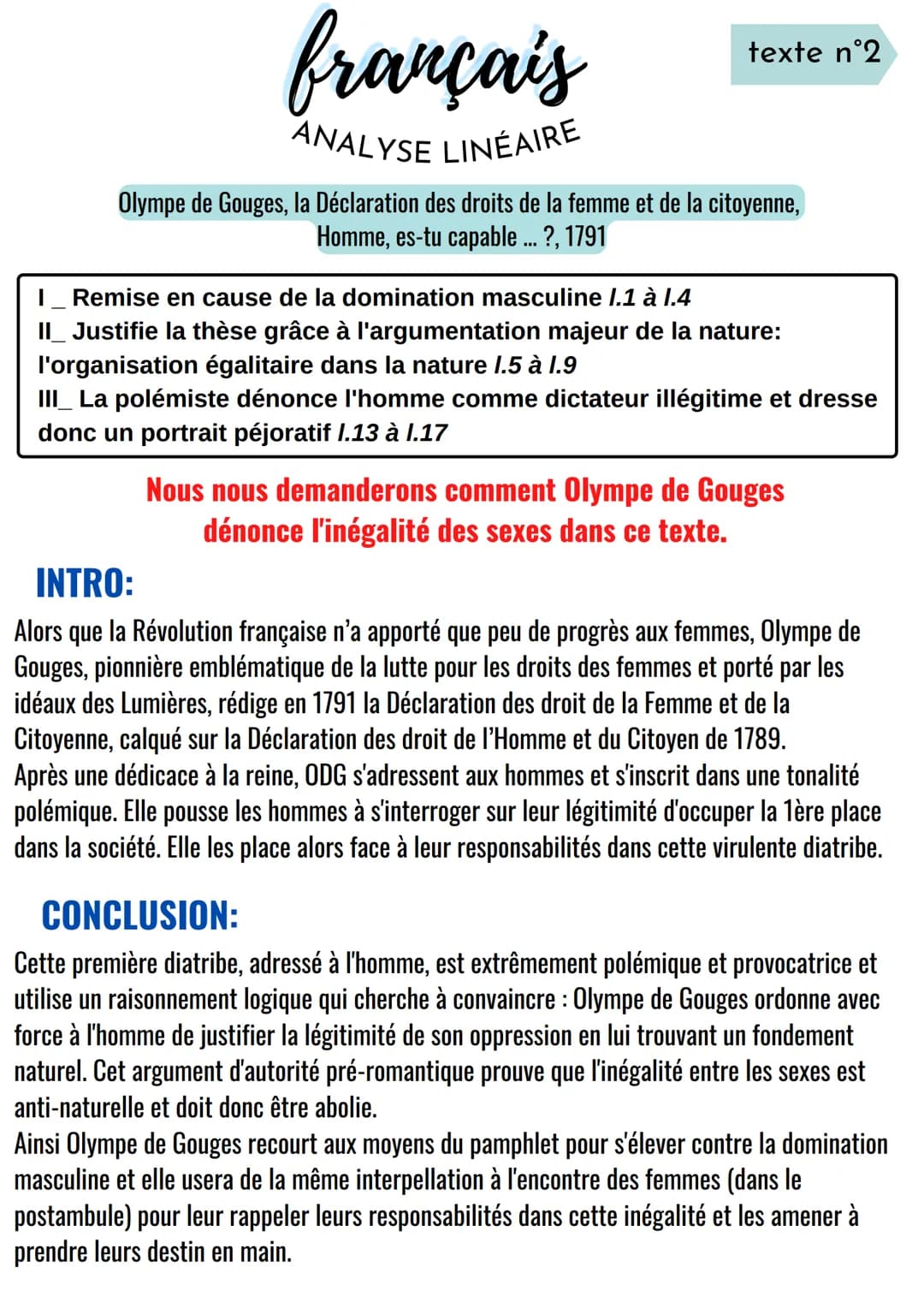 français
ANALYSE LINÉAIRE
Olympe de Gouges, la Déclaration des droits de la femme et de la citoyenne,
Homme, es-tu capable ... ?, 1791
texte