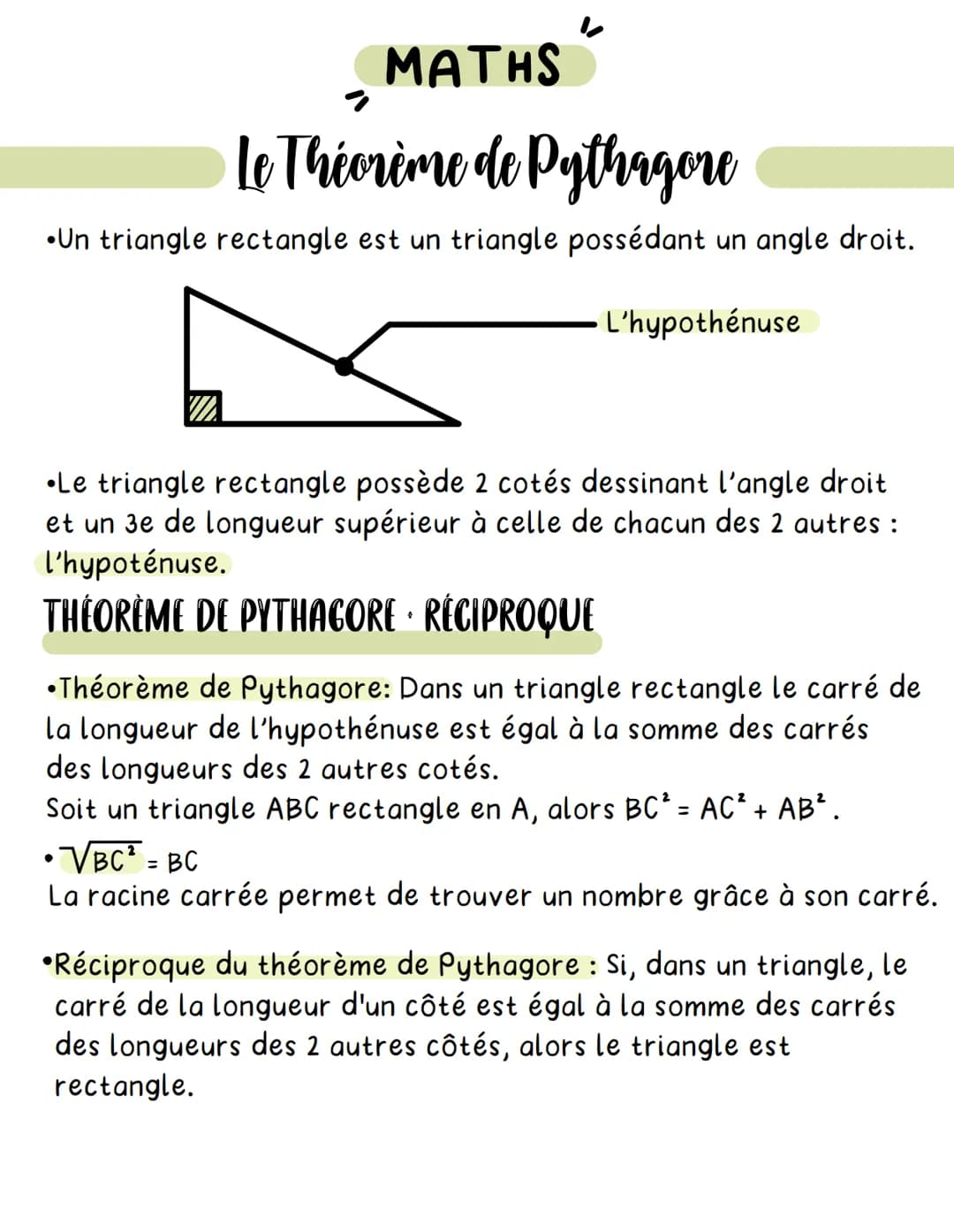 MATHS"
Le Théorème de Pythagore
•Un triangle rectangle est un triangle possédant un angle droit.
V
L'hypothénuse
Le triangle rectangle possè