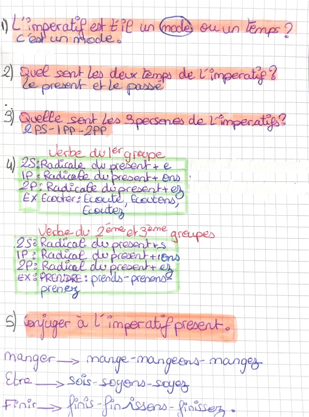 1) L'imperatif est til un mode ou un temps ?
un
2) Quel sent les deux temps de l'imperatif ?
Le present et le passé
3) Quelle sent les Spers