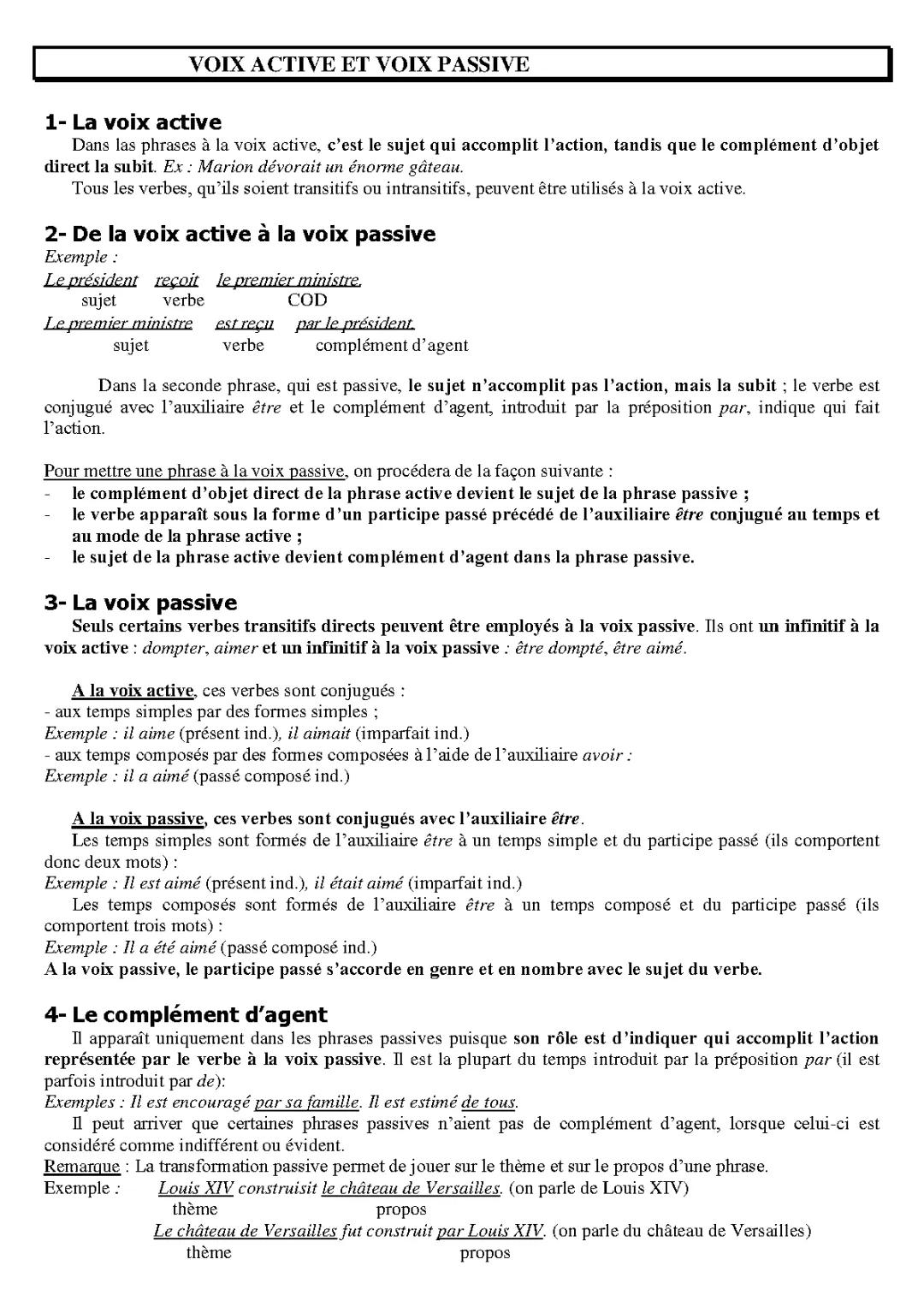 Exercices corrigés de voix active et passive en français