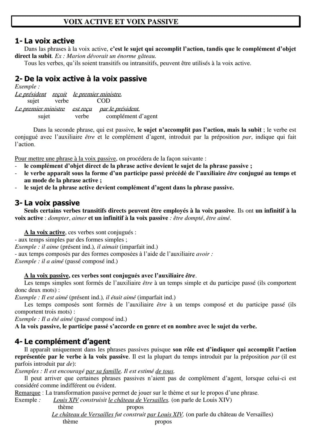 
<h2 id="lavoixactive">La voix active</h2>
<p>Dans les phrases à la voix active, c'est le sujet qui accomplit l'action, tandis que le complé
