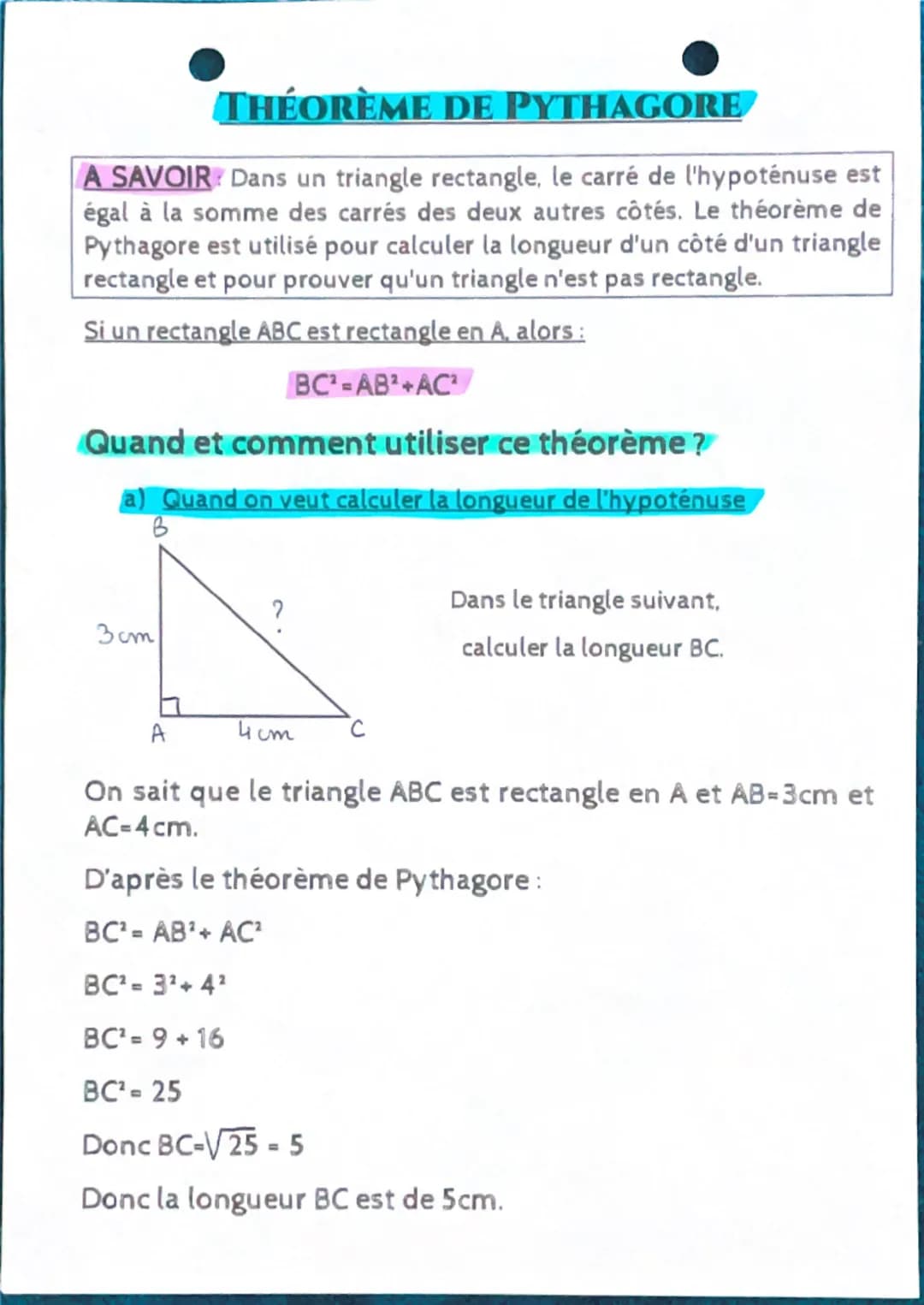 # THÉORÈME DE PYTHAGORE

A SAVOIR: Dans un triangle rectangle, le carré de l'hypoténuse est
égale à la somme des carrés des deux autres côté