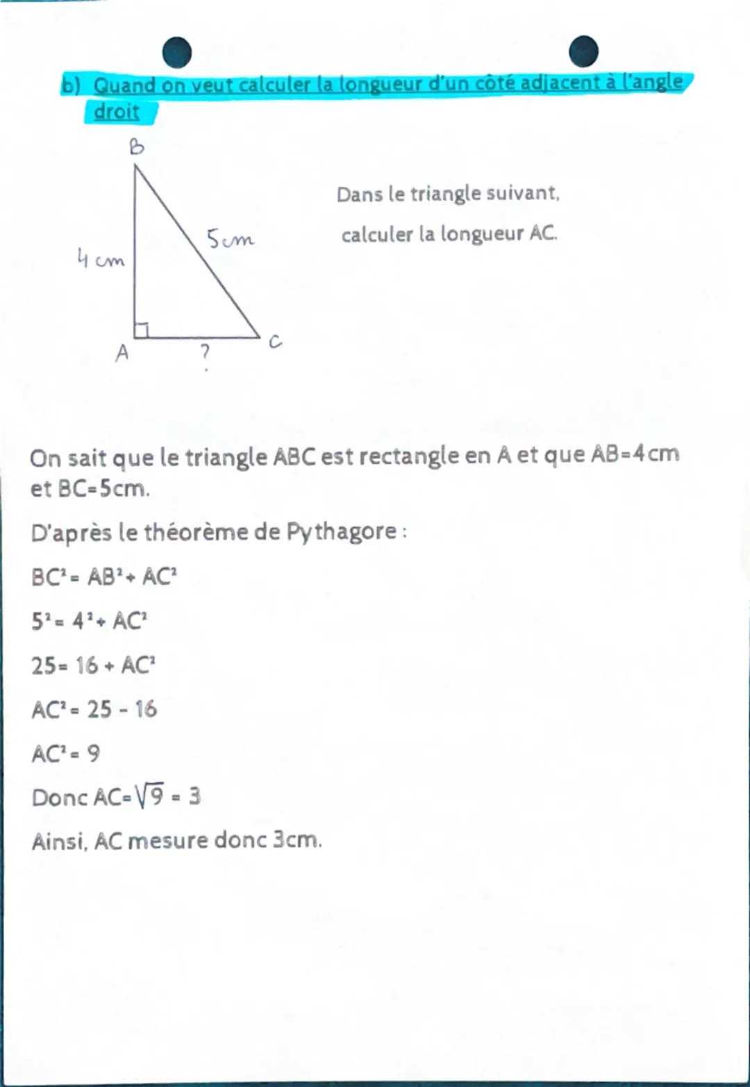 # THÉORÈME DE PYTHAGORE

A SAVOIR: Dans un triangle rectangle, le carré de l'hypoténuse est
égale à la somme des carrés des deux autres côté