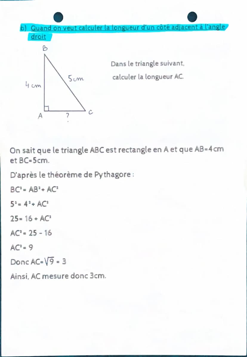 # THÉORÈME DE PYTHAGORE

A SAVOIR: Dans un triangle rectangle, le carré de l'hypoténuse est
égale à la somme des carrés des deux autres côté
