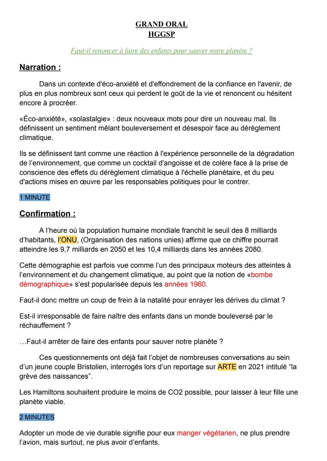GRAND ORAL
HGGSP
Faut-il renoncer à faire des enfants pour sauver notre planète ?
Narration :
Dans un contexte d'éco-anxiété et d'effondreme