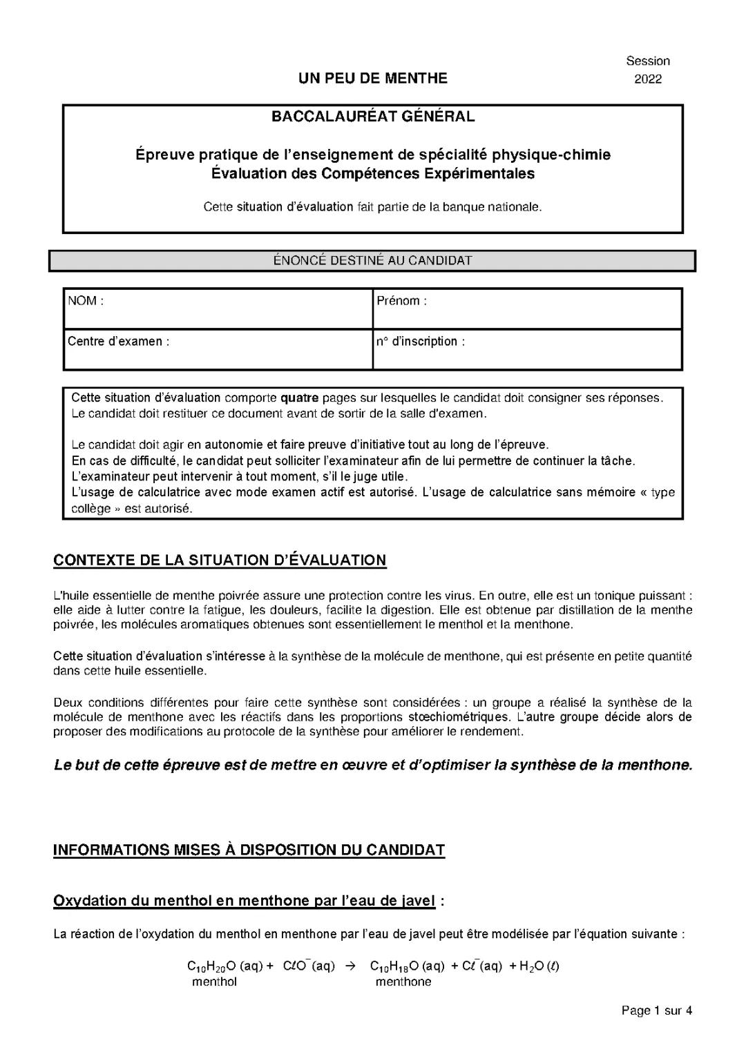 Corrigé ECE Physique Chimie 2024: Menthol et Menthone