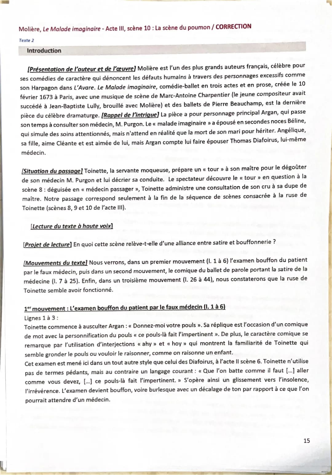 Molière, Le Malade imaginaire - Acte III, scène 10: La scène du poumon / CORRECTION
Texte 2
Introduction
[Présentation de l'auteur et de l'œ