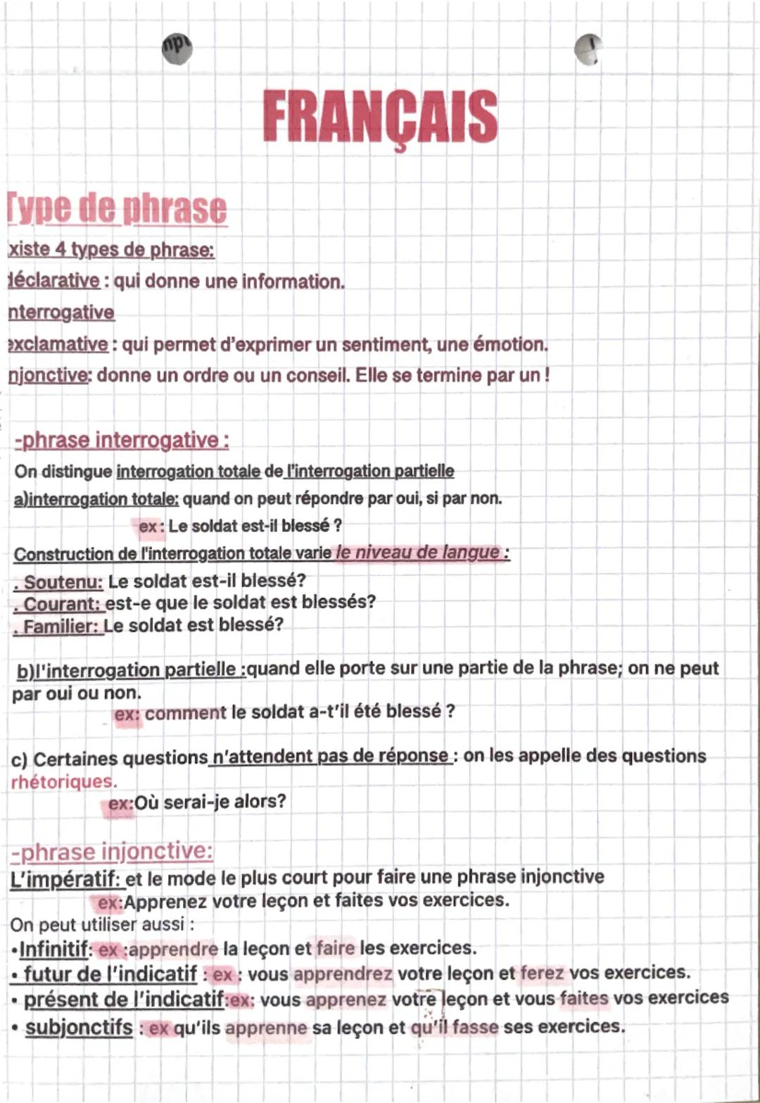 # FRANÇAIS

# type de phrase
xiste 4 types de phrase:

déclarative : qui donne une information.

interrogative

exclamatve : qui permet d'ex