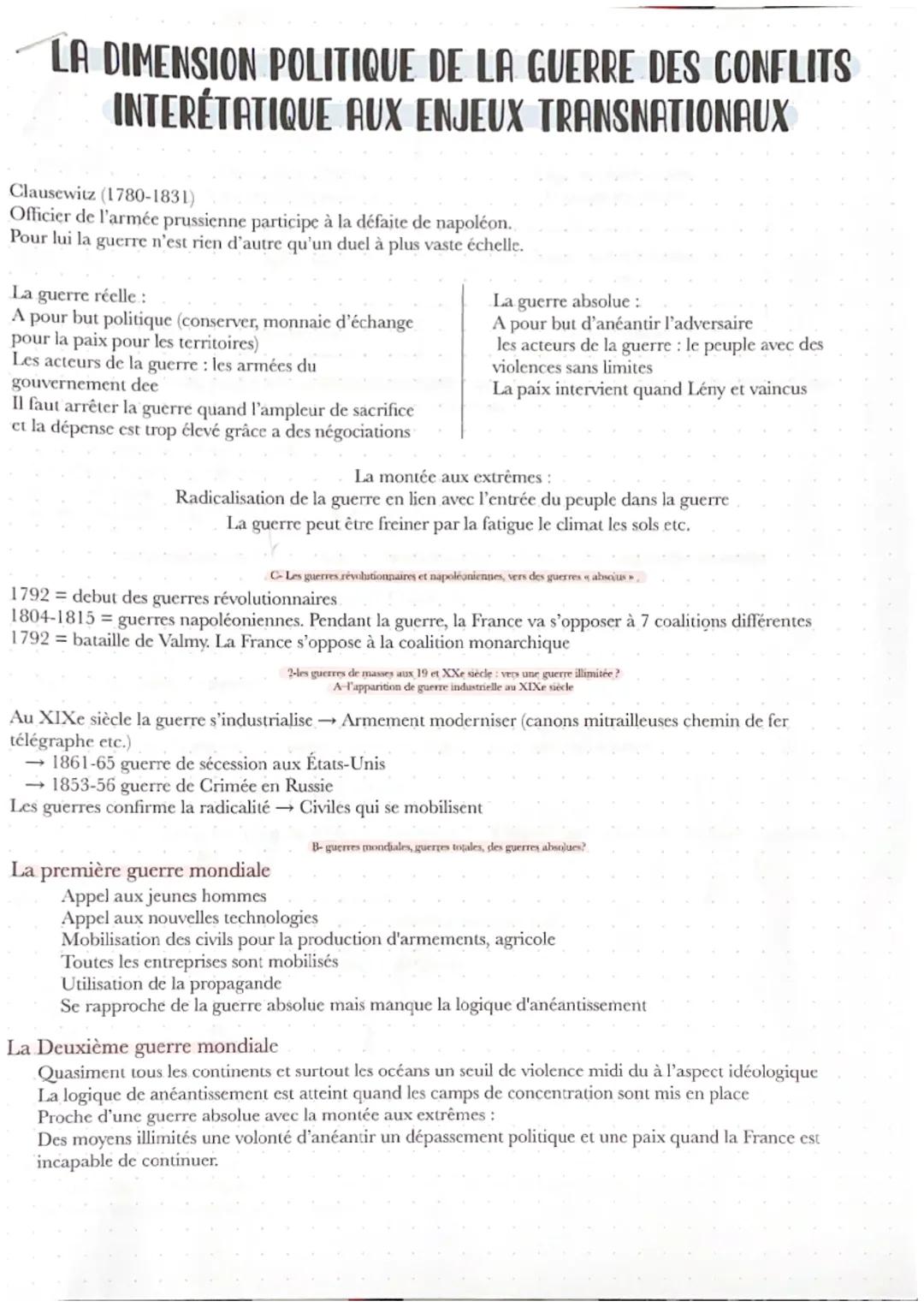 LA DIMENSION POLITIQUE DE LA GUERRE DES CONFLITS
INTERÉTATIQUE AUX ENJEUX TRANSNATIONAUX
Clausewitz (1780-1831)
Officier de l'armée prussien