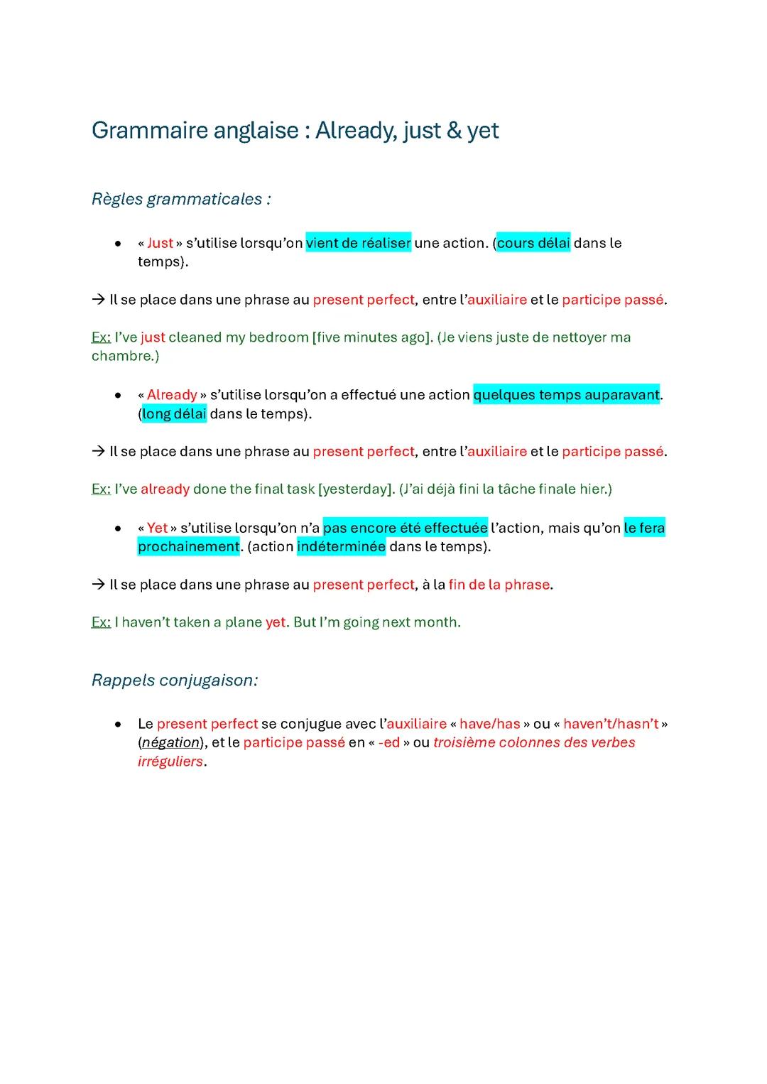 grammaire anglaise : already, just & yet
