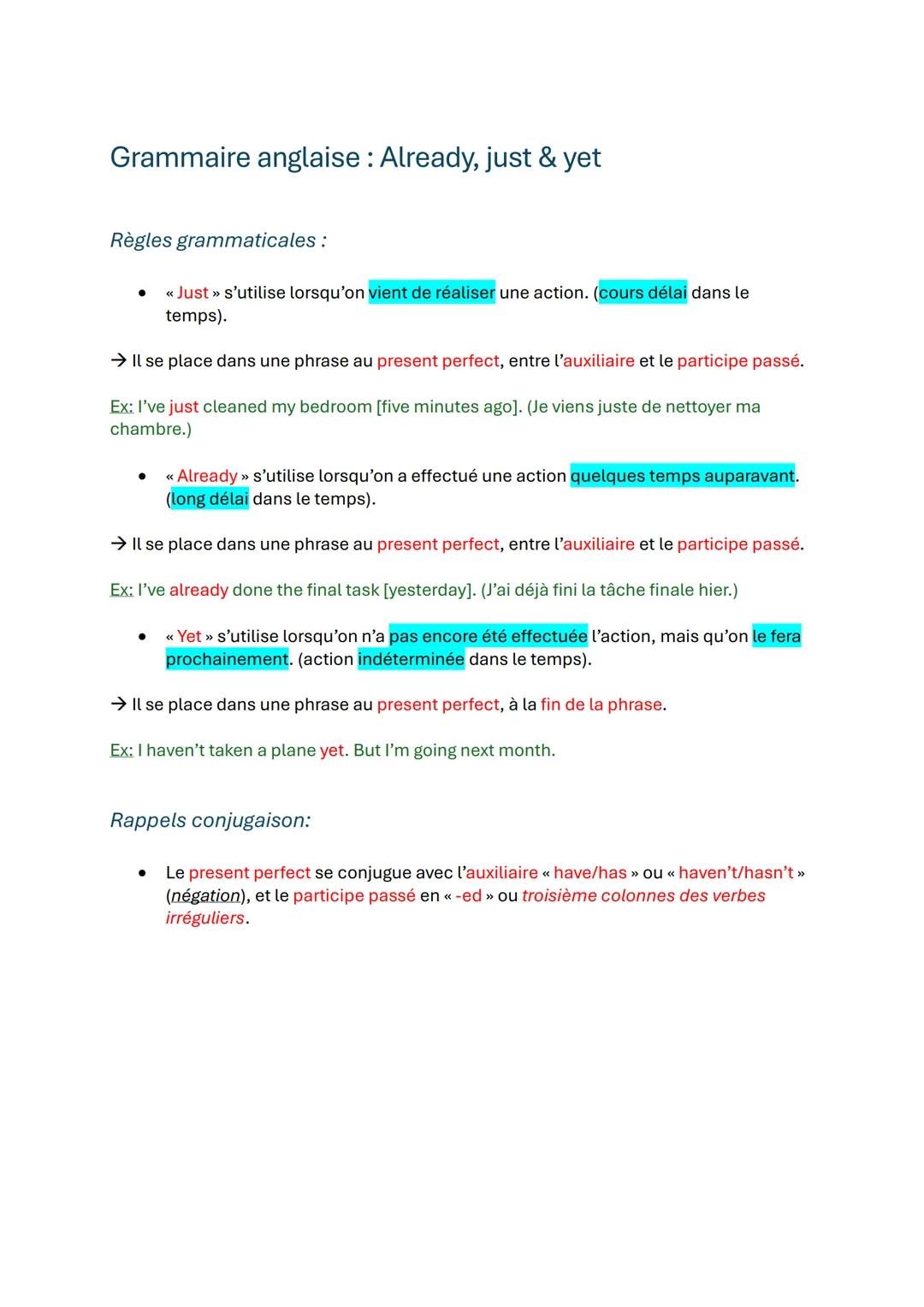 # Grammaire anglaise : Already, just & yet

Règles grammaticales:

- << Just >> s'utilise lorsqu'on vient de réaliser une action. (cours dél