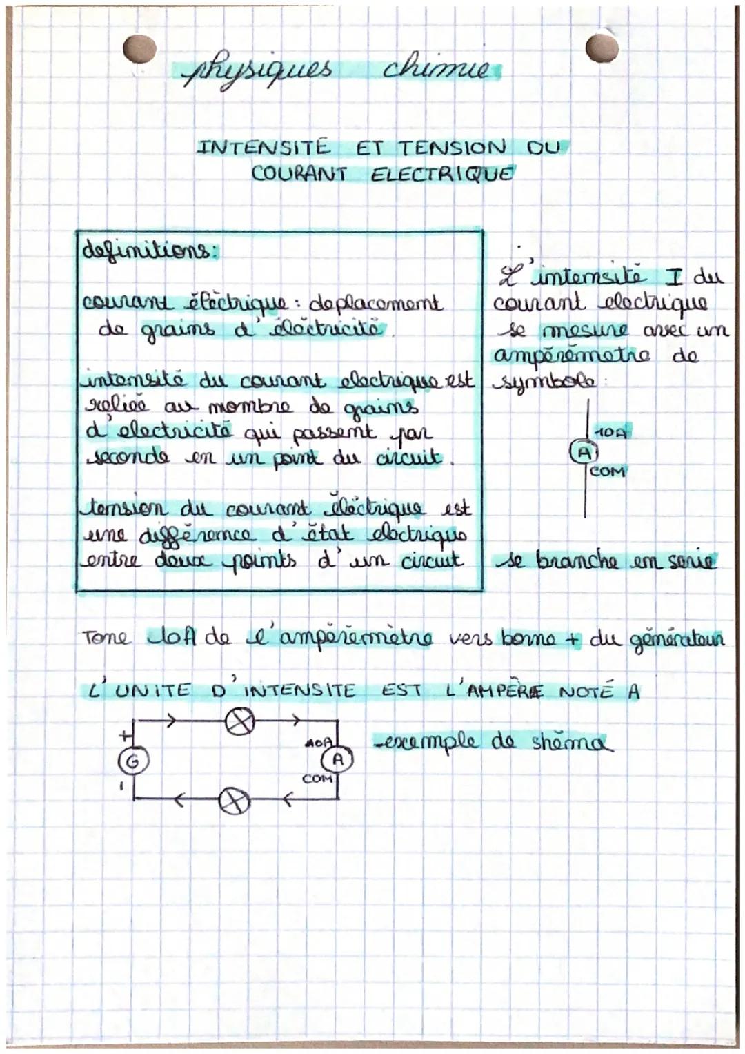 physiques chimie
INTENSITE ET TENSION OU
COURANT ELECTRIQUE
definitions:
courant électrique : deplacement
de grains d'électricite
intensité 