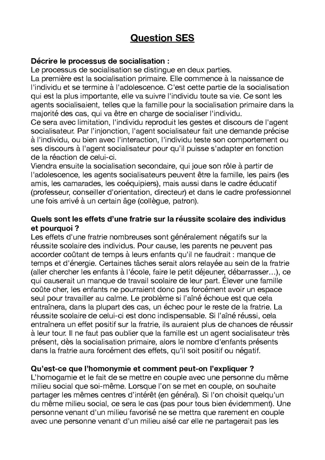 Devoir SES Seconde corrigé et exercices sur la socialisation