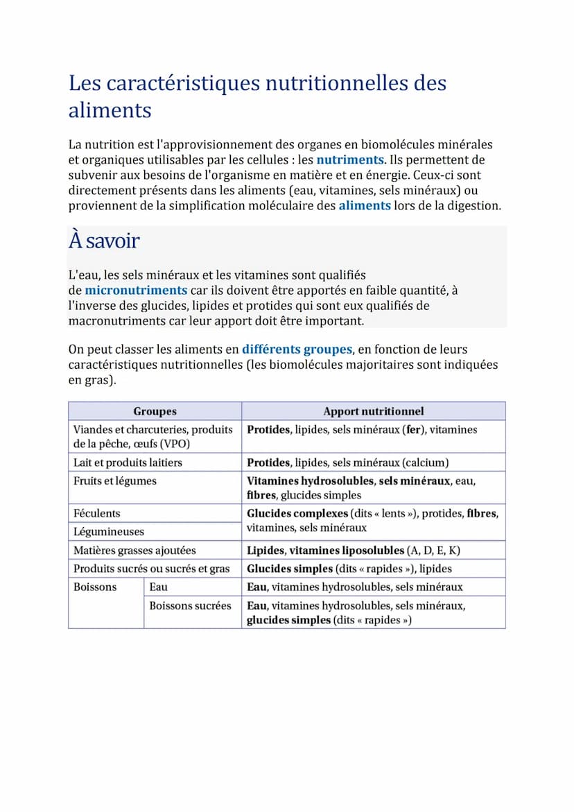 L'intérêt nutritionnel des biomolécules
alimentaires
Les biomolécules contenues dans les aliments assurent divers rôles :
un rôle énergétiqu