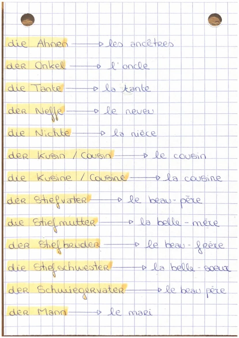 DIE FAMILIE:
a la famille
оле рече
die Familie
der Vater-
die Mutter.
die Eltern
der Sohn.
die TochteR.
der Mann
• la mère
。 les parents
+ l