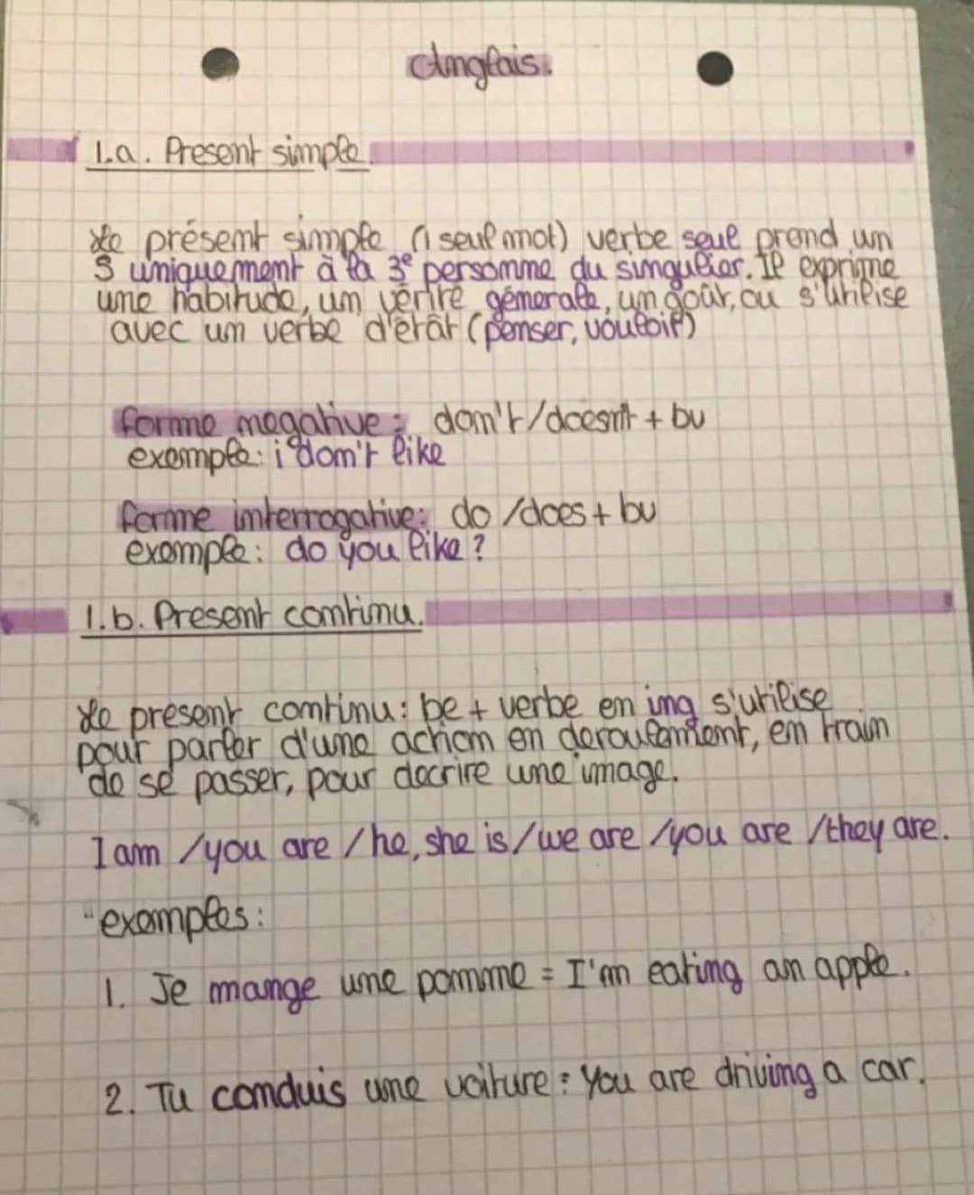 Anglais
La. Present simple.
de présent simple (1 seul mot) verbe seul prend un
3 uniquement à la 3⁰ persomme du singulier. Il exprime
une ha