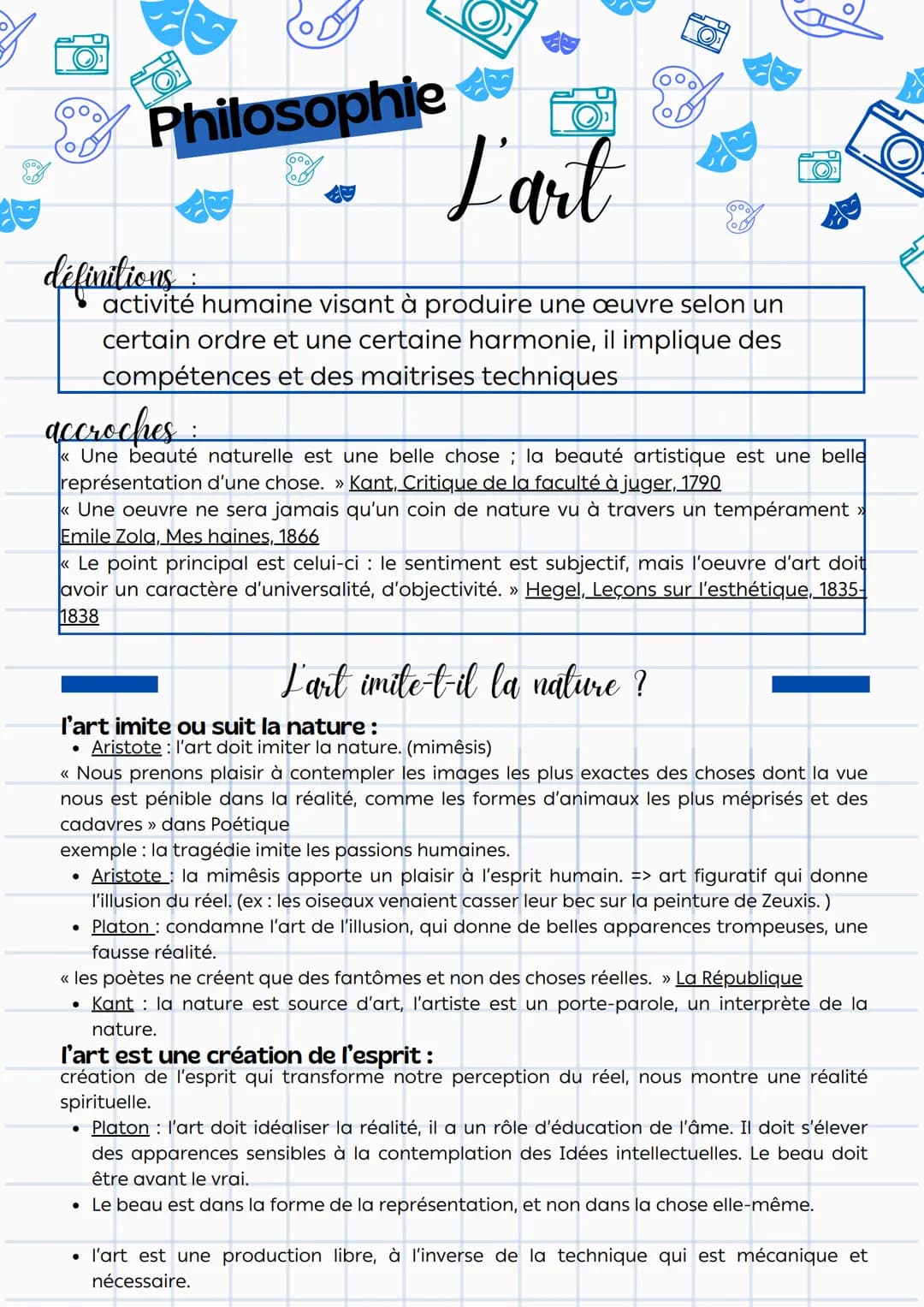 Philosophie
définitions
:
Fart
activité humaine visant à produire une œuvre selon un
certain ordre et une certaine harmonie, il implique des