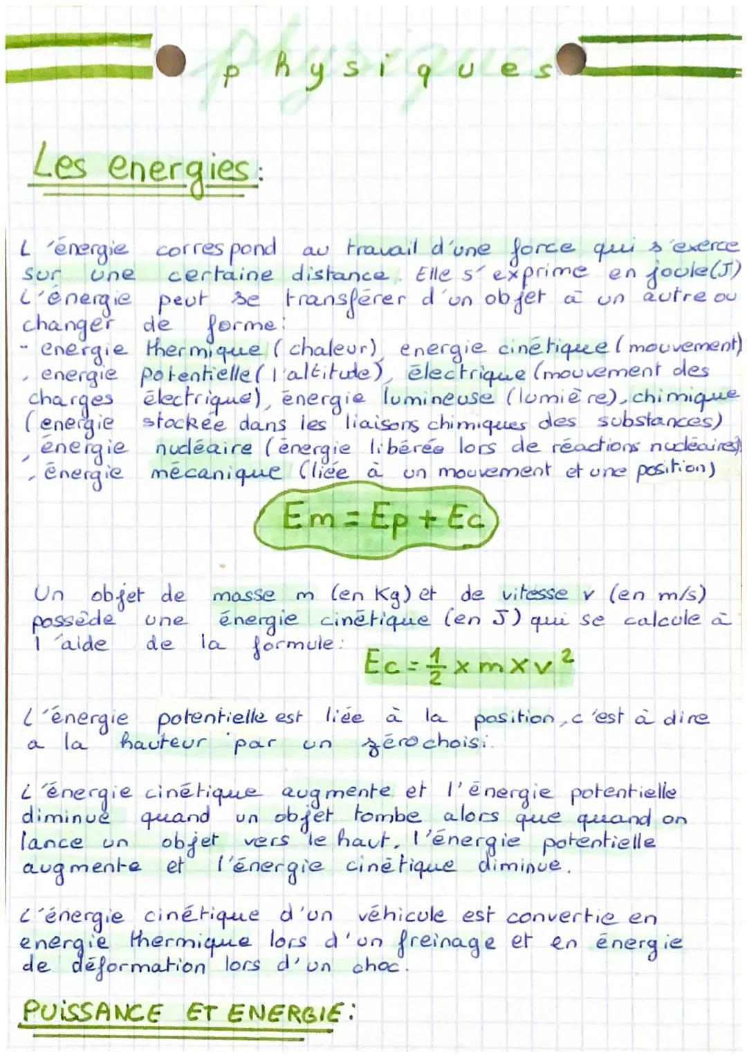 # physiques

Les energies:

L'énergie correspond au travail d'une force qui s'exerce
sur une certaine distance. Elle s'exprime en joole(J)
L