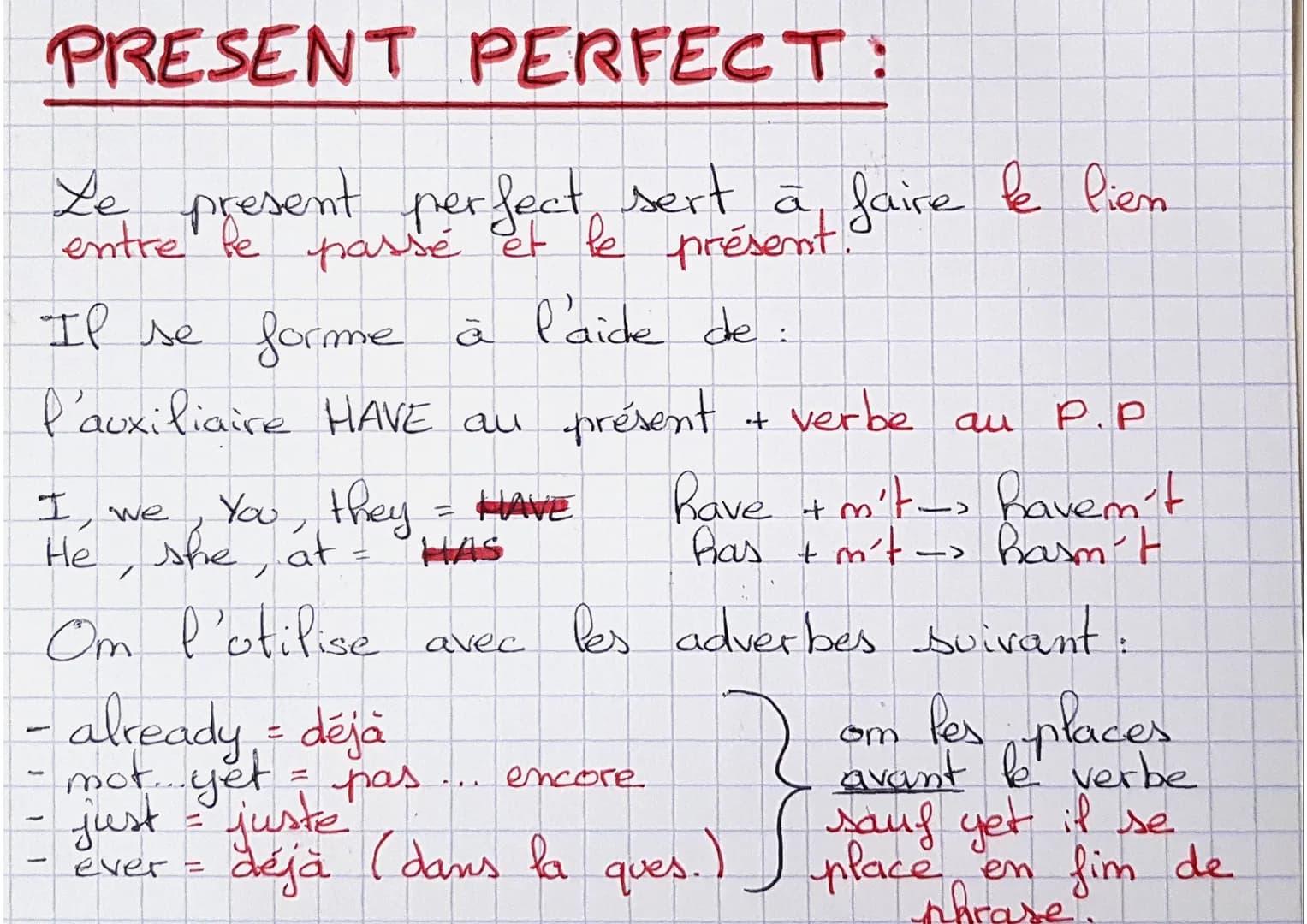 PRESENT PERFECT:
Le present perfect sert à faire le lien
entre le passé et le présent
Il se forme à l'aide de:
l'auxiliaire HAVE au présent
